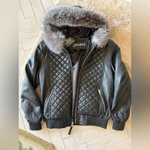 NWT Real Fox Fur Trimmed Hood Leather Bomber Jacket * FIRM ON PRICE*
